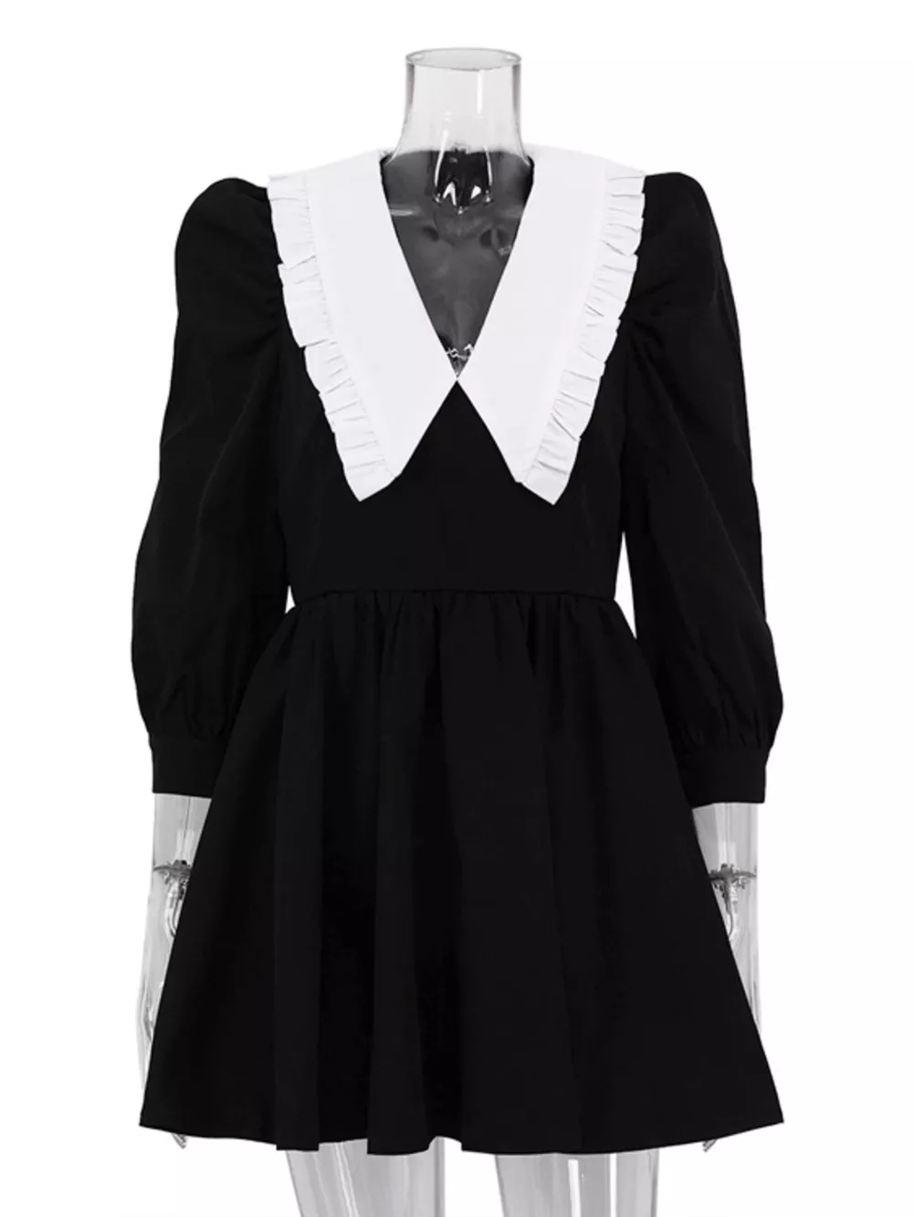 Puff Sleeve Contrast Collar Dress, image 3