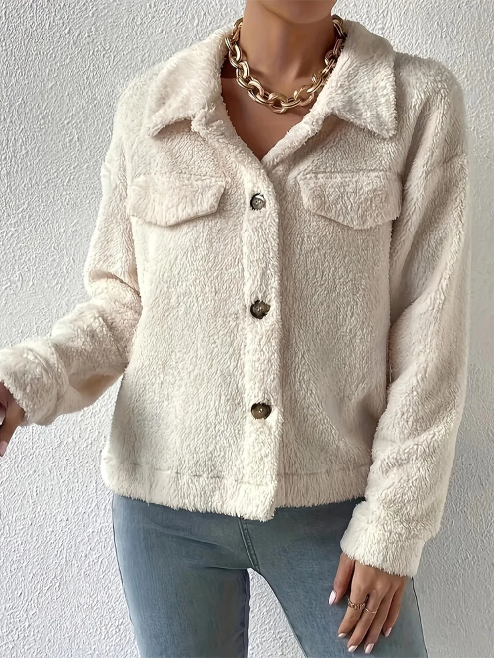 Collared Neck Button Up Jacket with Decorative Pocket Flaps, image 2