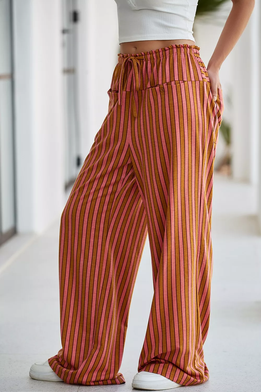Stripe Button Pocket Tie Waist Casual Wide Leg Pants, image 10
