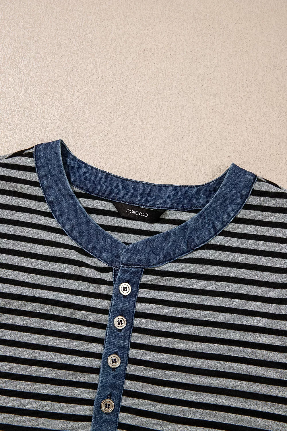 Stripe Denim Contrast Collar Half Button Long Sleeve Top, image 10