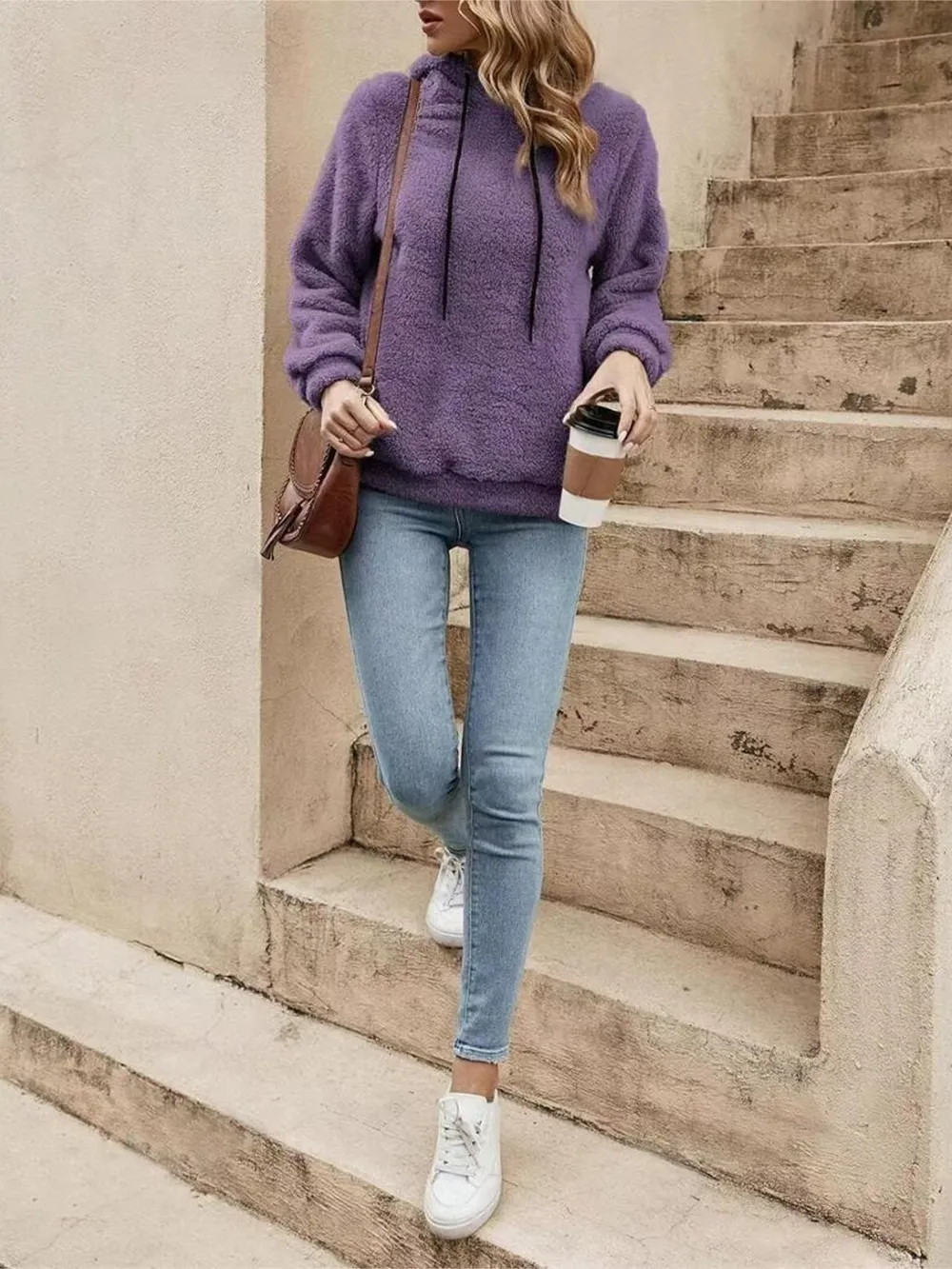 Drawstring Long Sleeve Fuzzy Hoodie, image 5