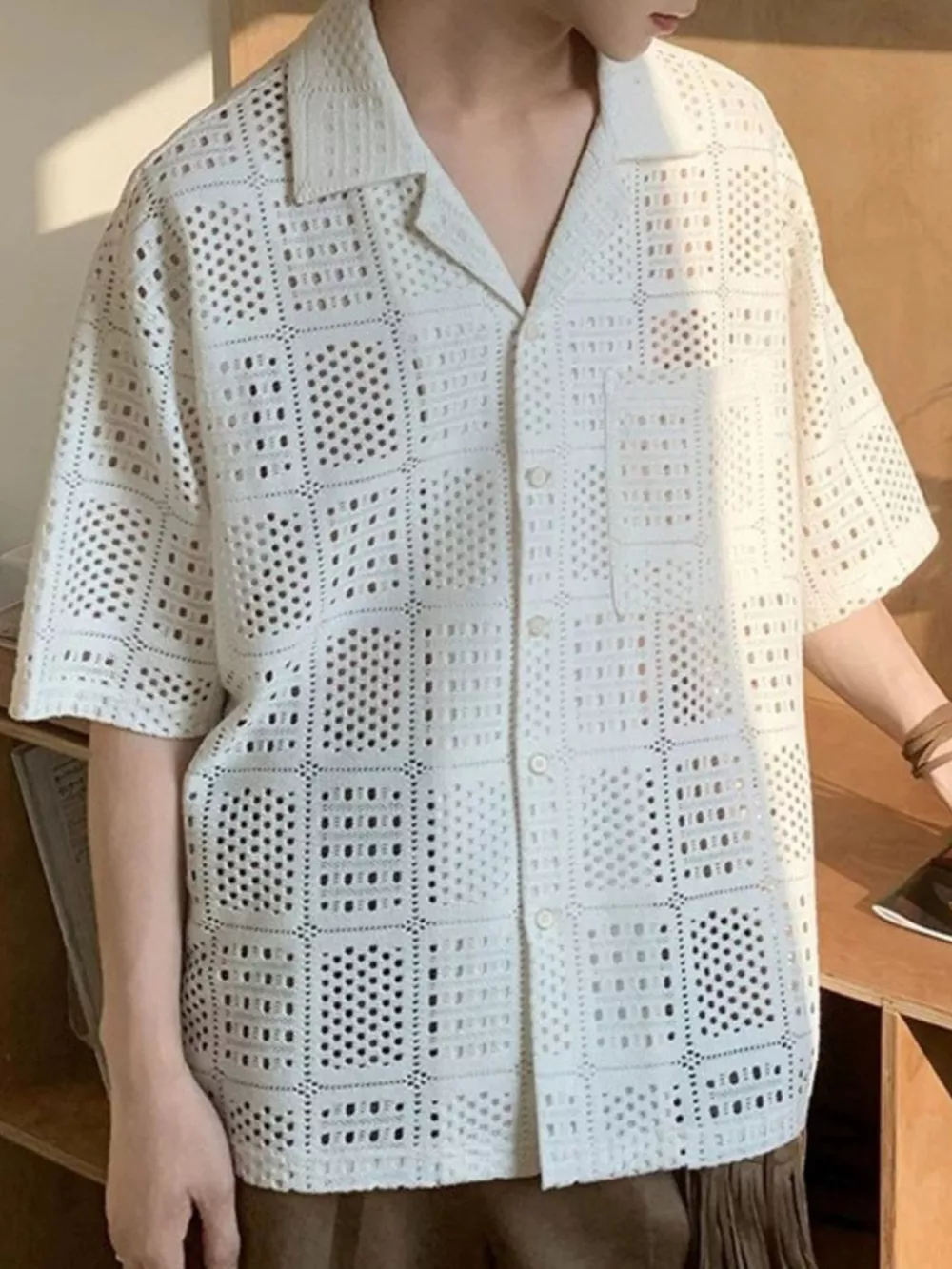 Men's Plus Size Crocheted Square Pattern Short Sleeve Shirt, image 3