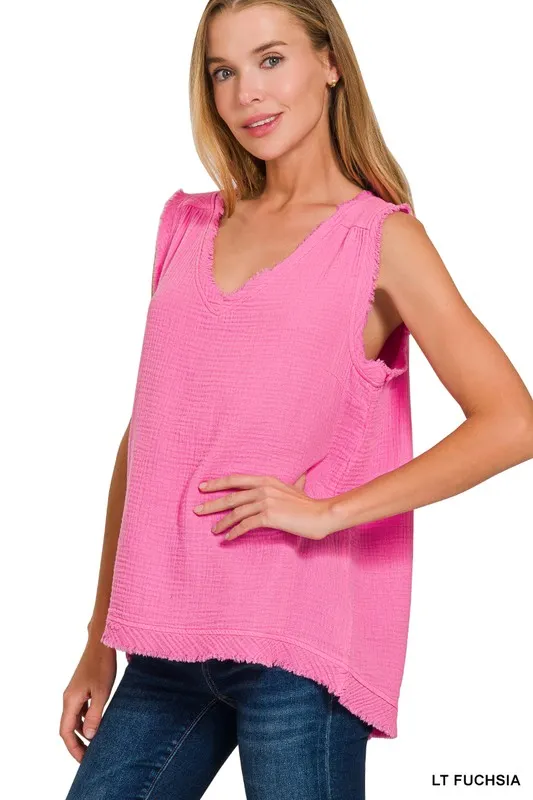 Double Gauze Raw Edge V-Neck Tank, image 3