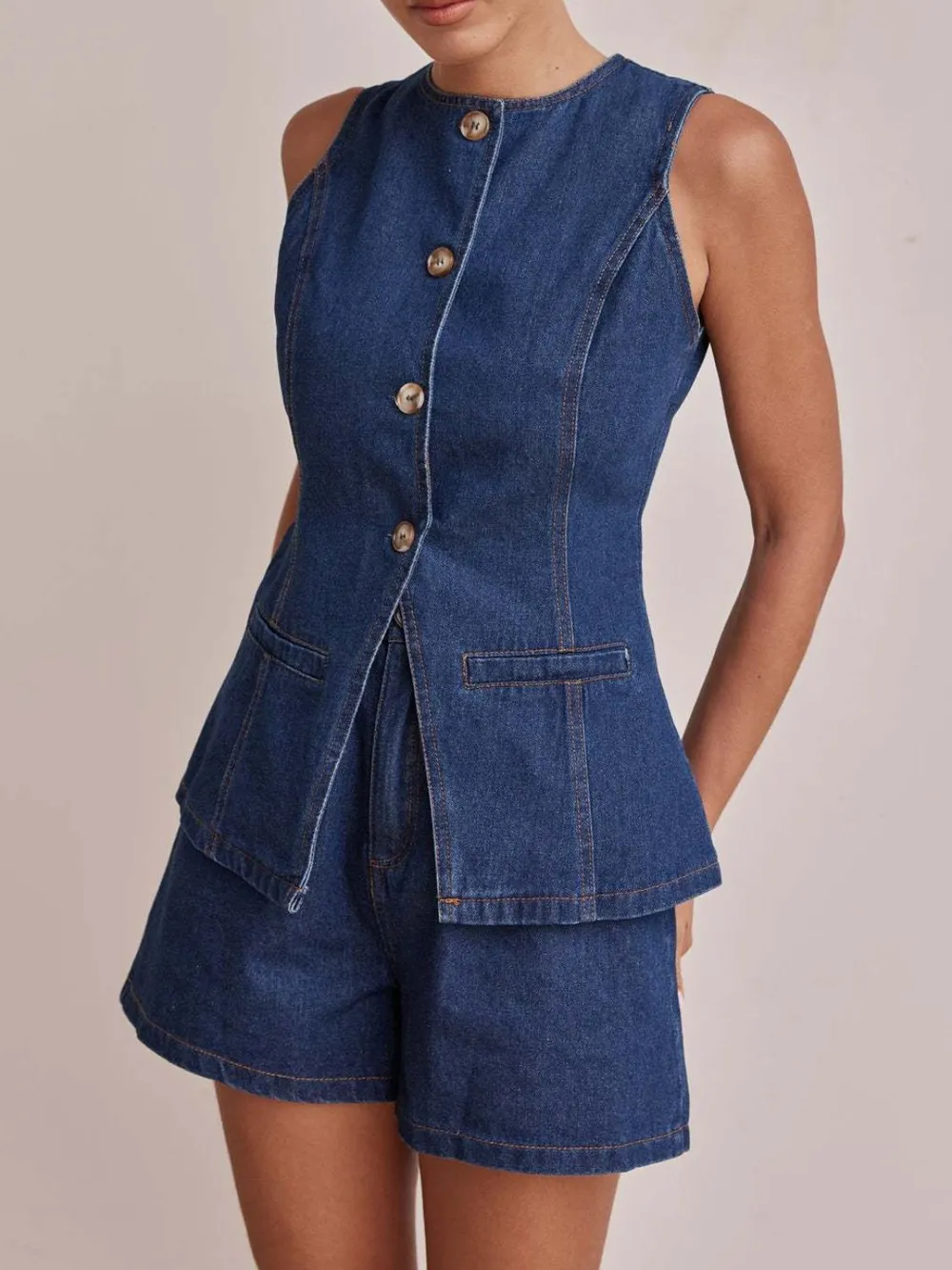Button Down Vest and Shorts Denim Set, image 5