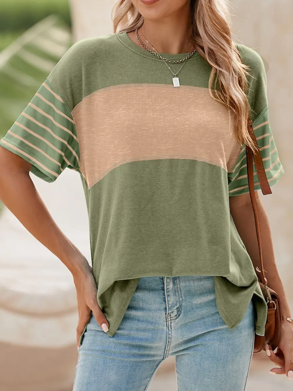 Color Block Striped Sleeve Casual T-Shirt, image 5