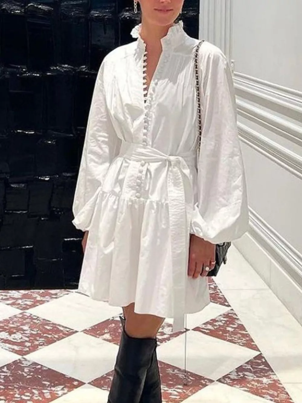 Button-Up Balloon Sleeve Mini Dress, image 2