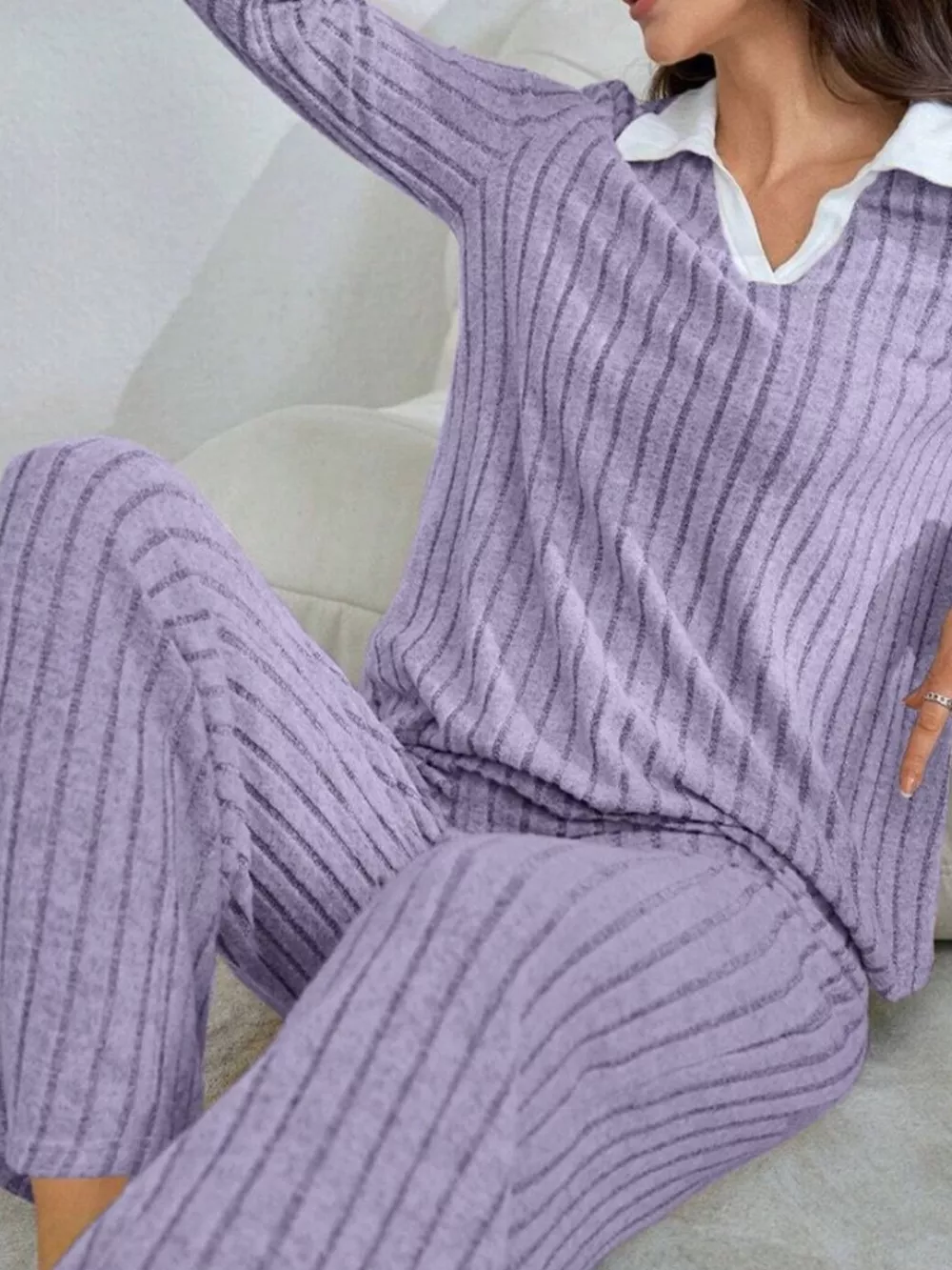 Ribbed Knit Polo Collar Top and Pants Lounge Set, image 8