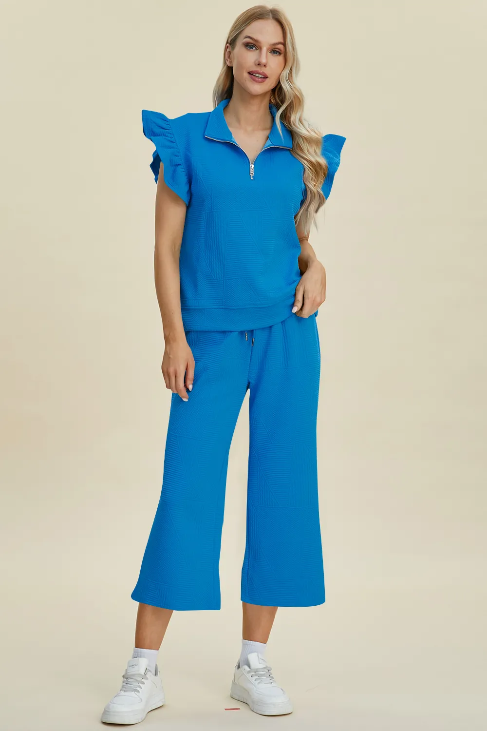 Full Size Texture Ruffle Short Sleeve Top and Wide Leg Pants Set, image 34