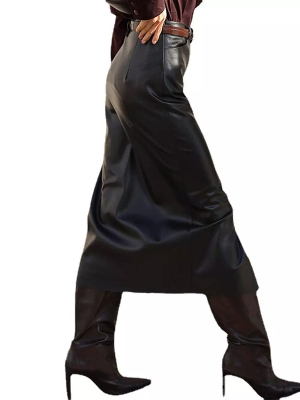 Faux Leather Slit Midi Skirt, image 6