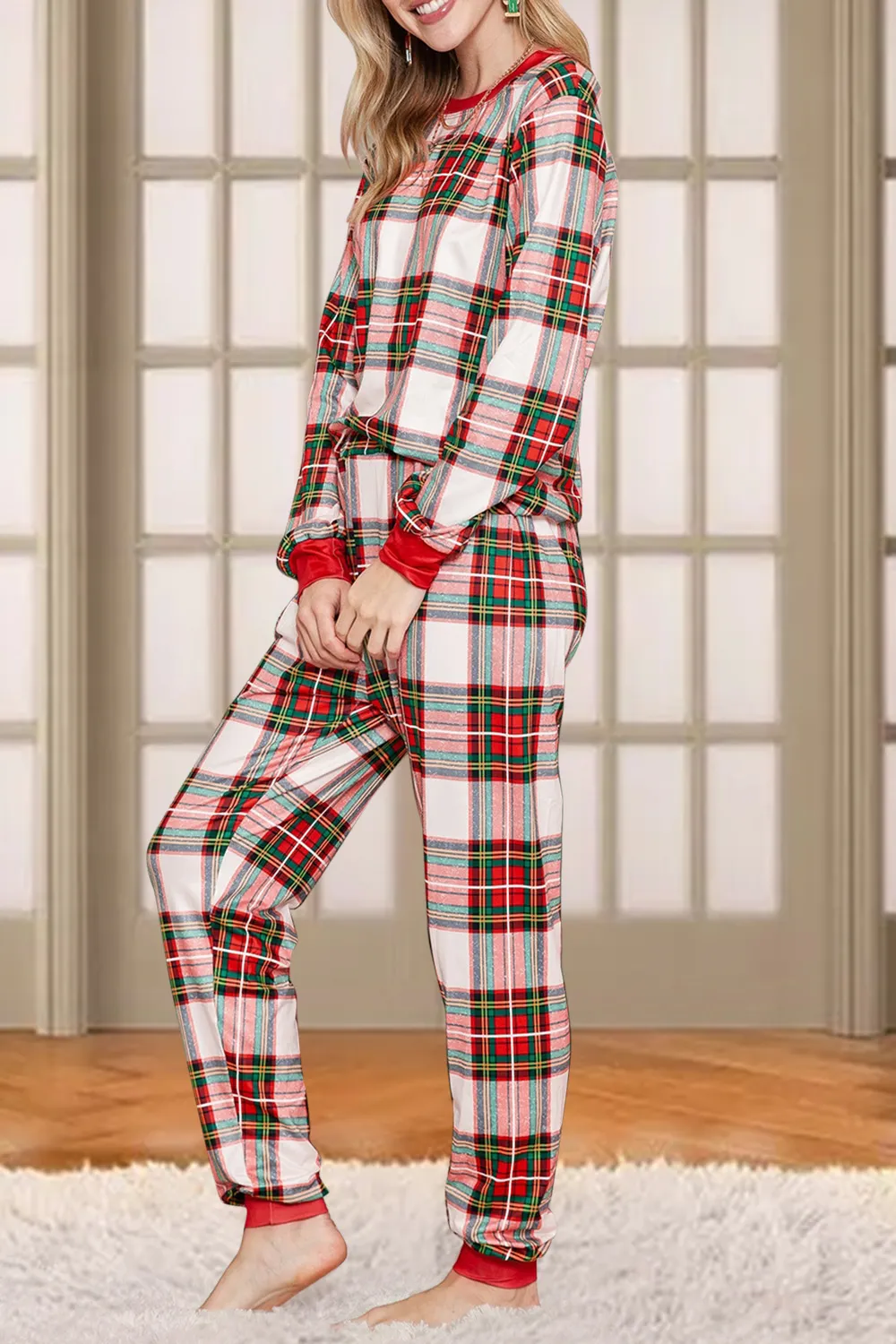 Plaid Round Neck Top and Pants Set, image 3