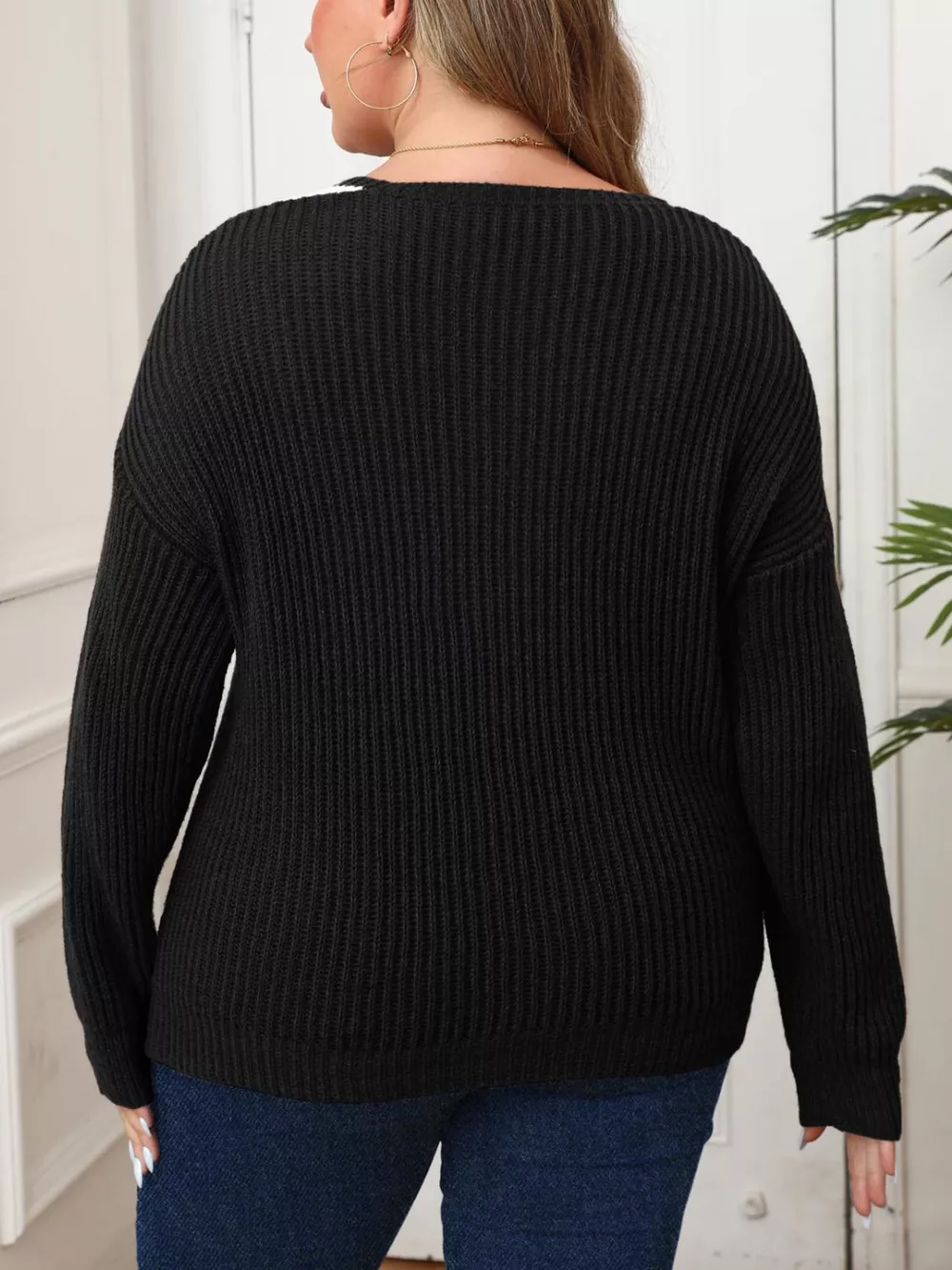 Plus Size Contrast Dropped Shoulder Long Sleeve Sweater, image 2