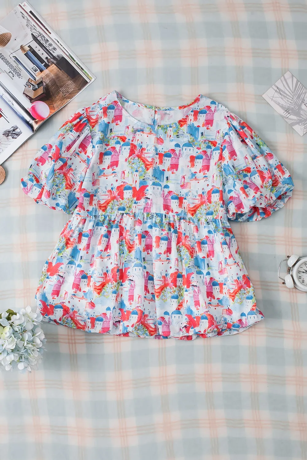 Printed Round Neck Puff Sleeve Blouse, image 8