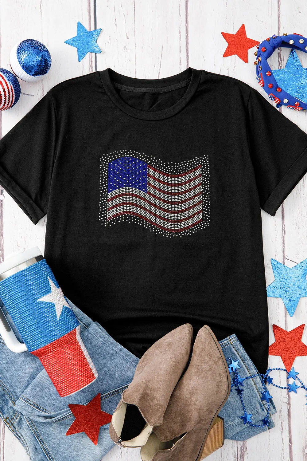US Flag Round Neck Short Sleeve T-Shirt, image 6