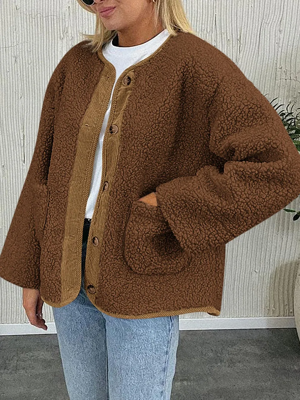 Contrast Button Up Sherpa Jacket with Pockets, image 18