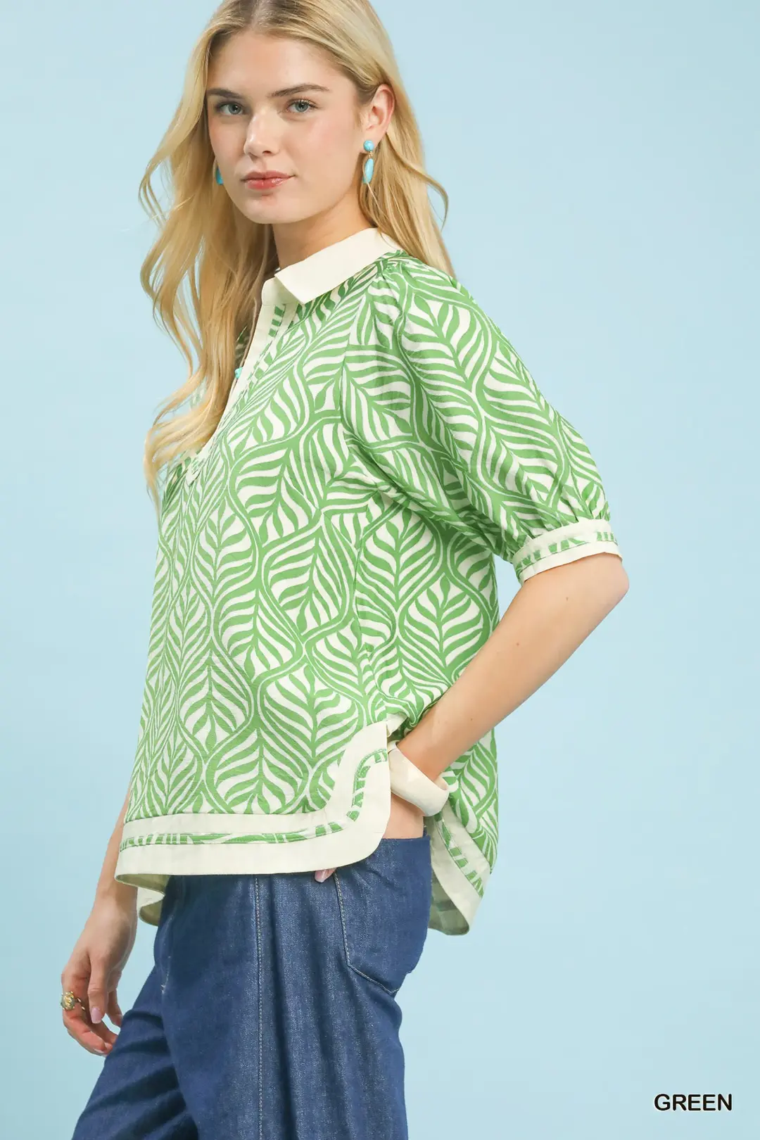 Geometric Leaf Print Popover Top, image 4