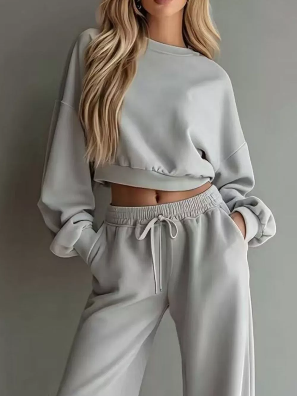 Round Neck Cropped Sweatshirt and Wide-Leg Pants, image 8