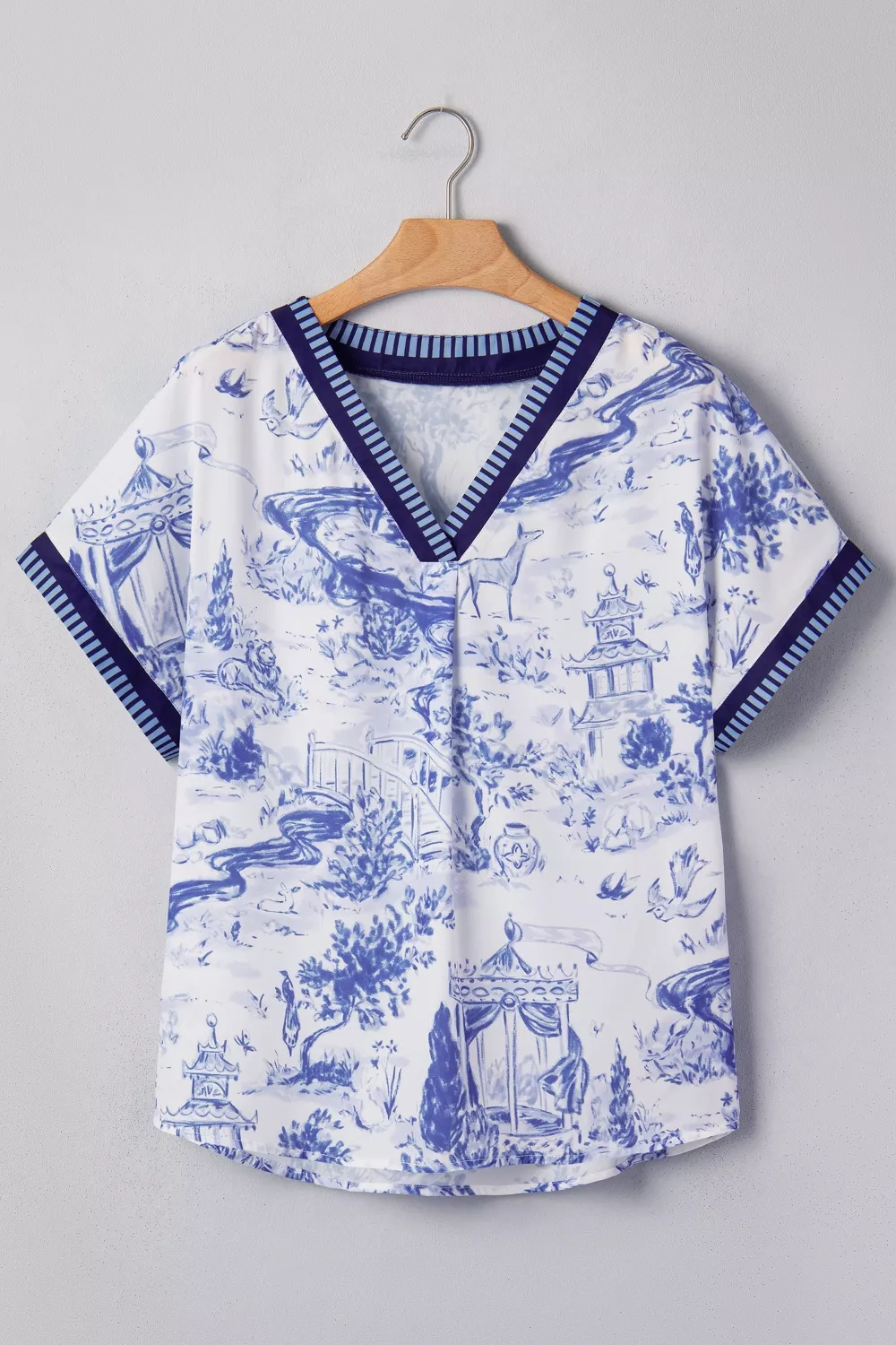 Printed Striped Trim V-Neck Blouse, image 3