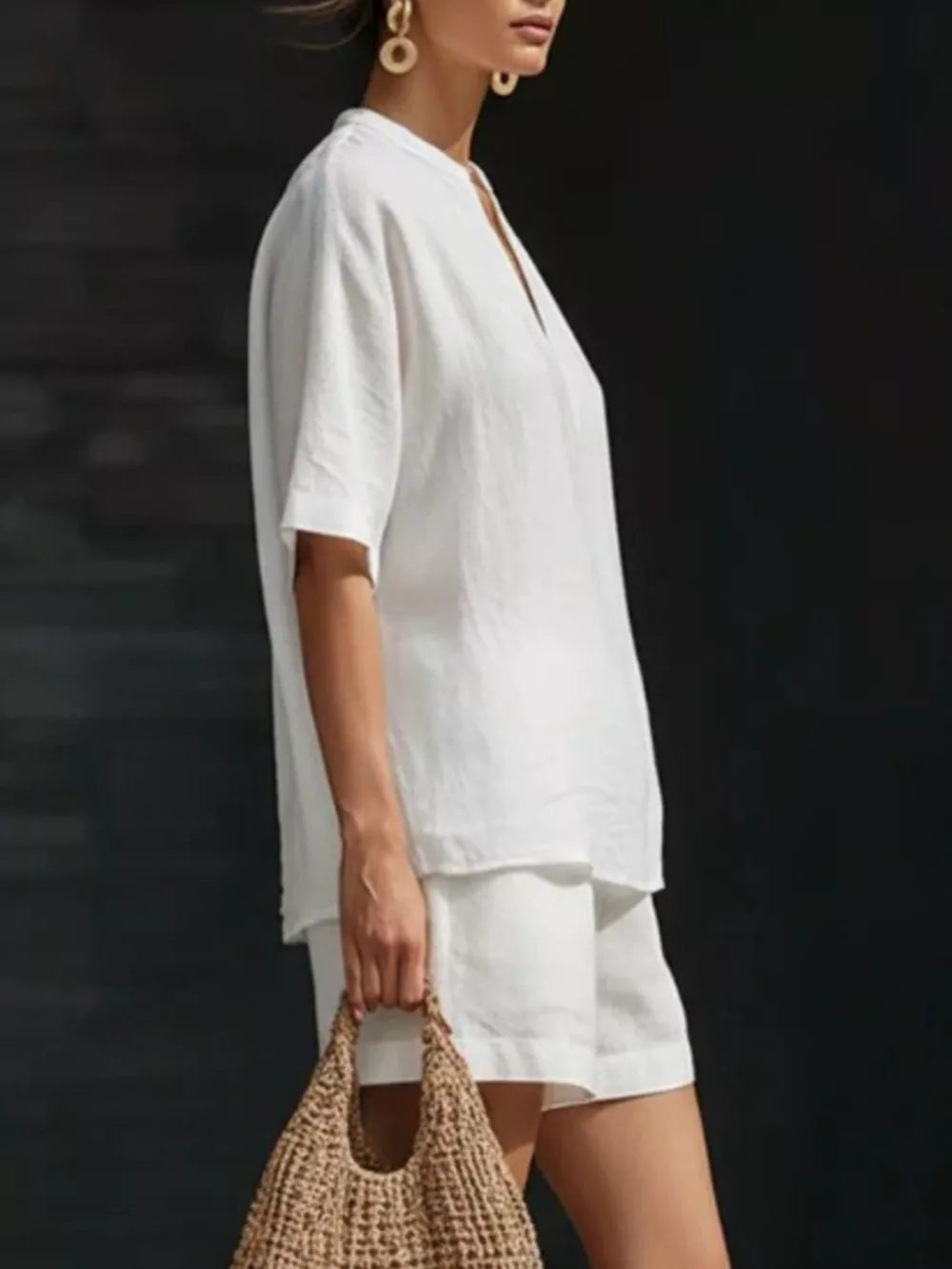 Notched Half Sleeve Top and Shorts Set, image 3