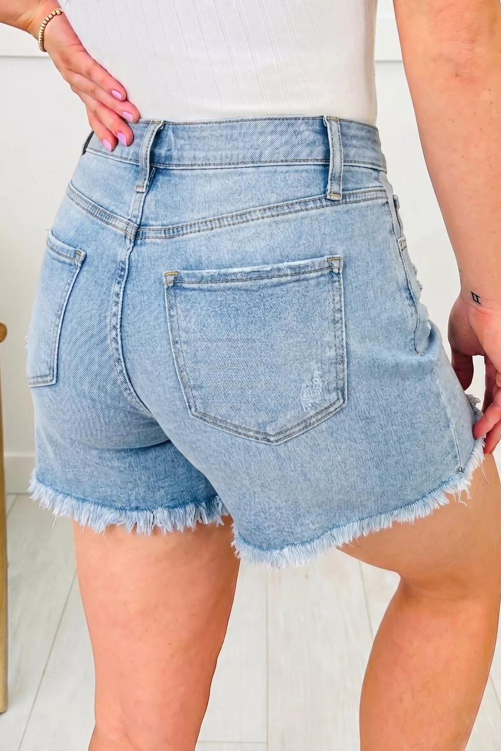 Asymmetric Raw Hem Distressed Whiskery Denim Shorts, image 5