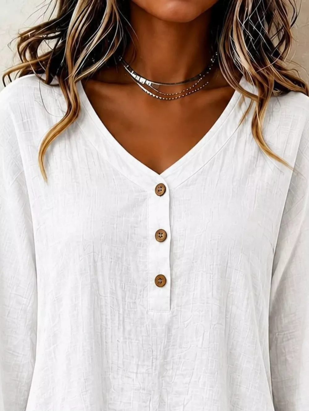 V-Neck Long Sleeve Button Detail Ruffled Hem Blouse, image 3