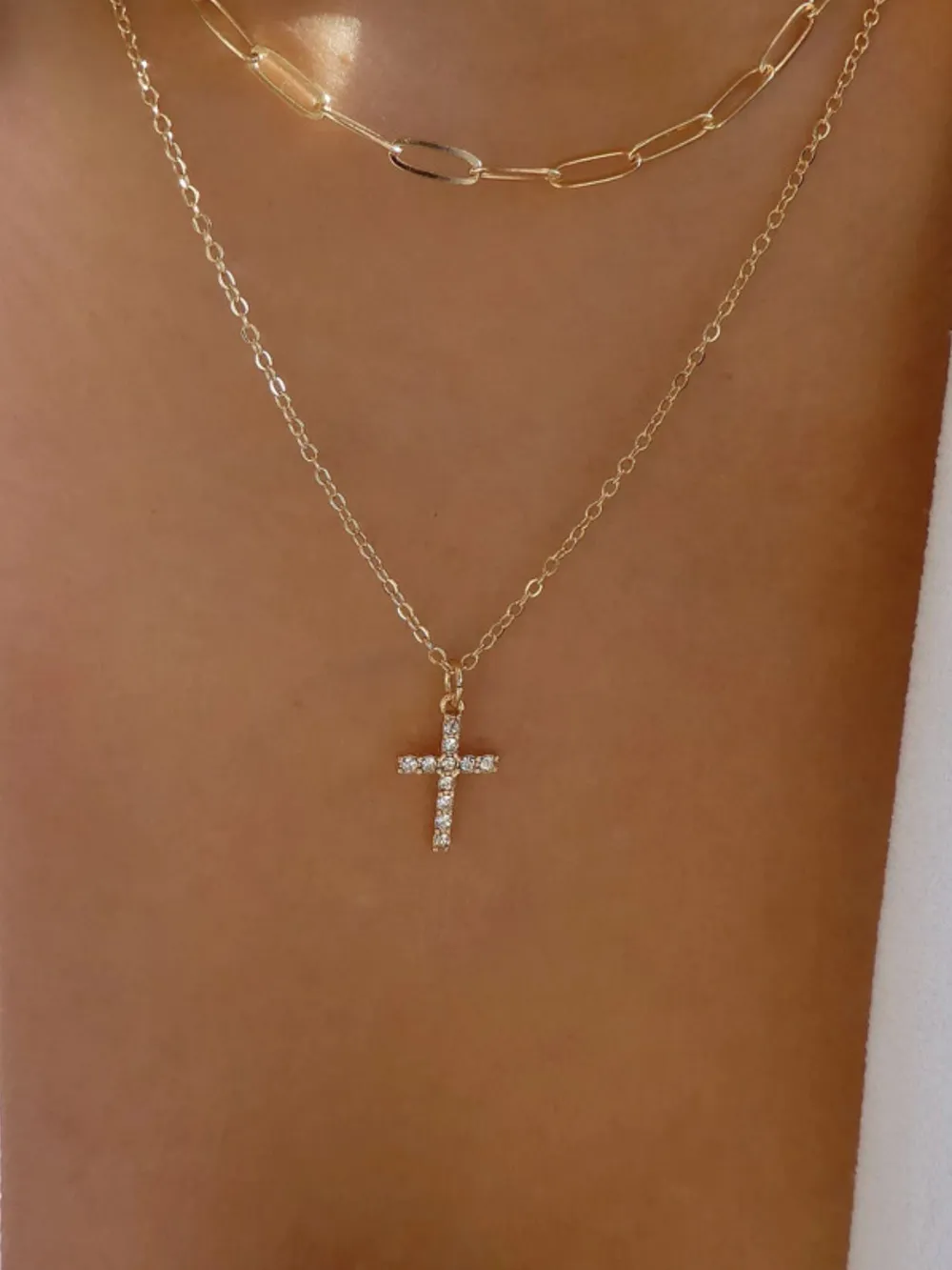 Double Layered Inlaid Zircon Cross Pendant Necklace