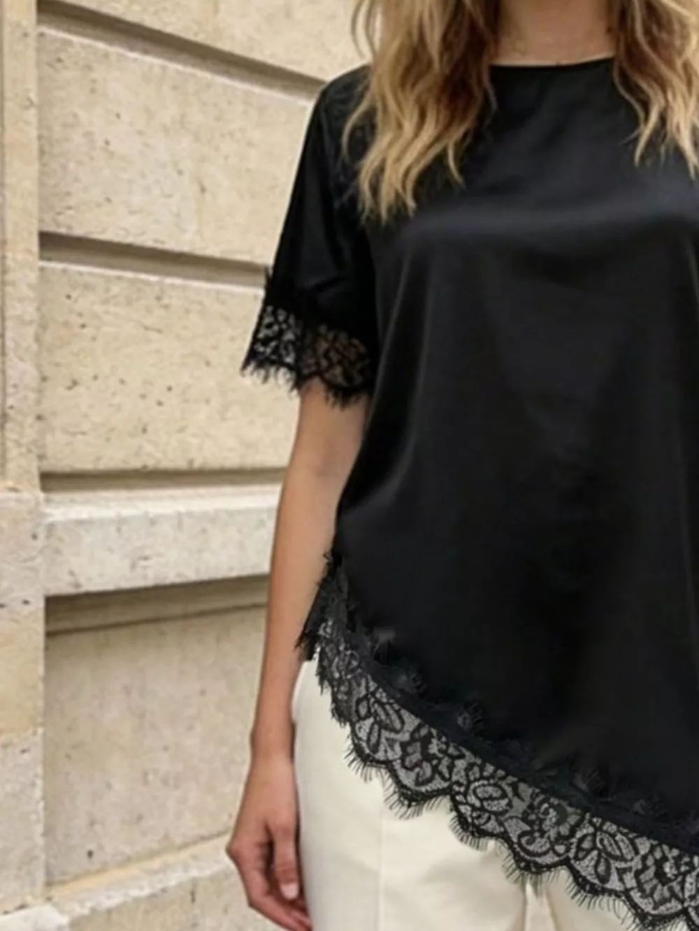 Lace Trim Short Sleeve Satin Top, image 5