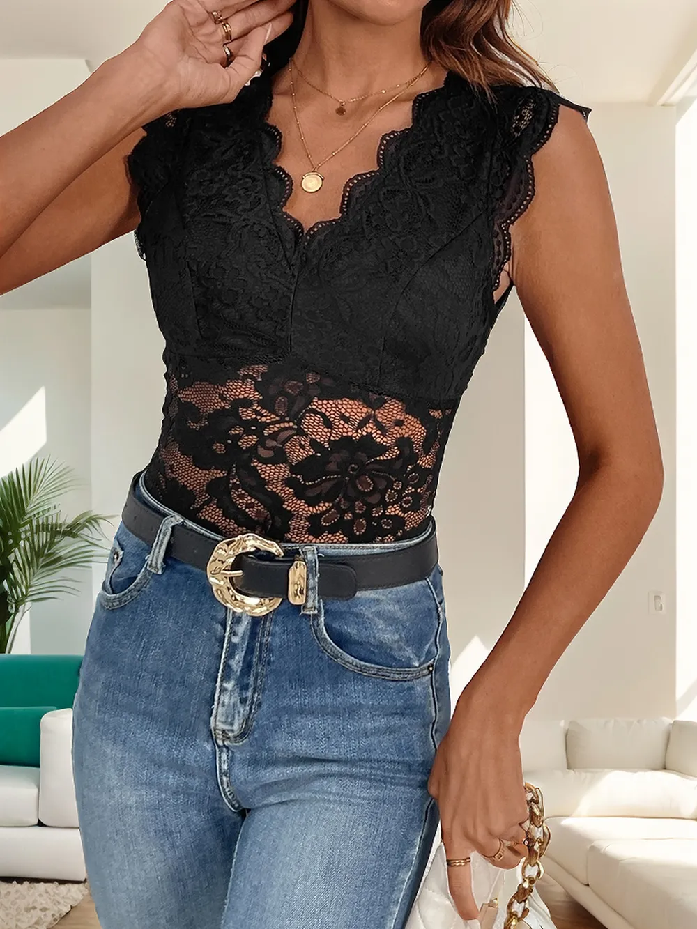 V-Neck Lace Bodysuit, image 5