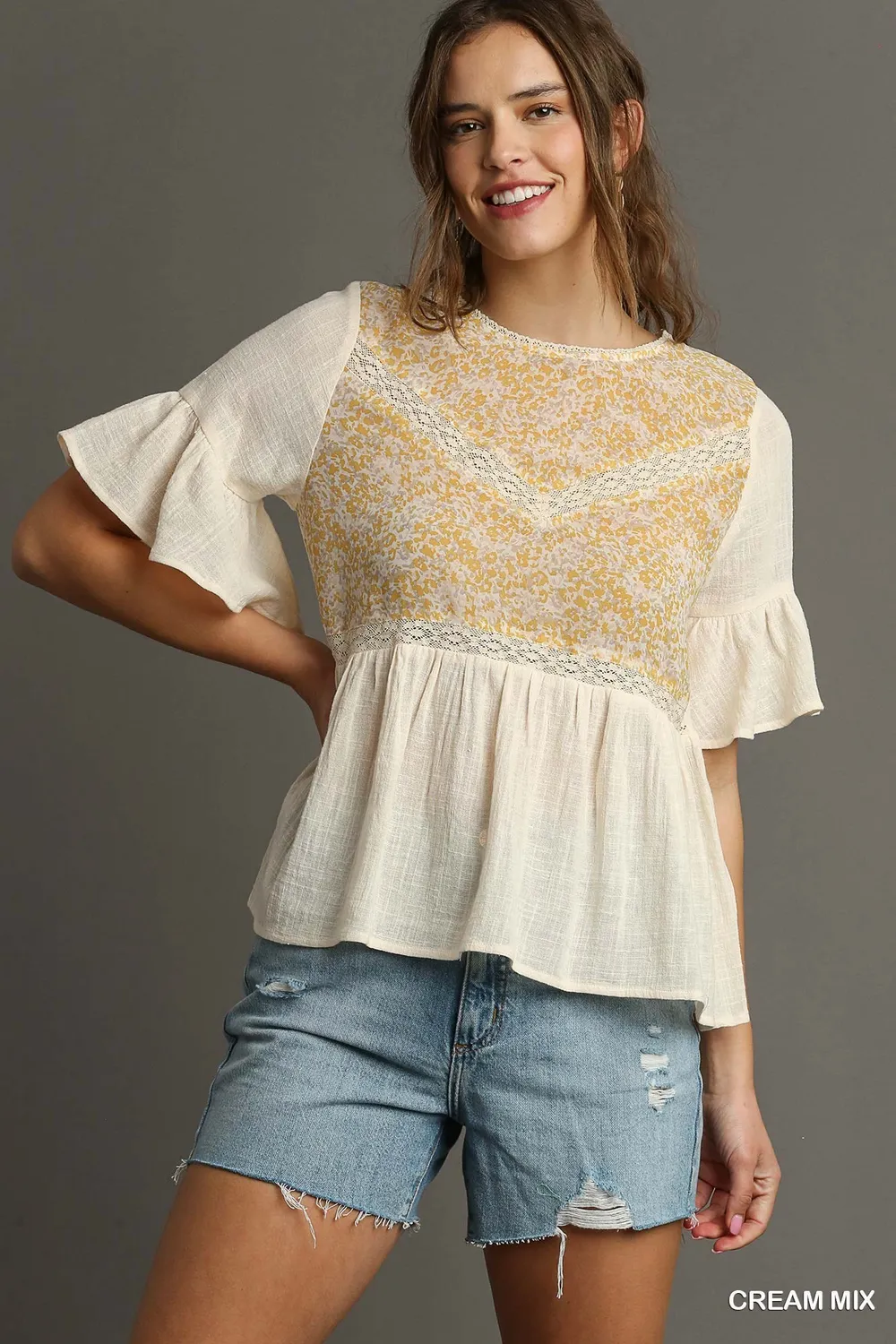 Floral Lace Trimmed Detail Half Sleeve Babydoll Top