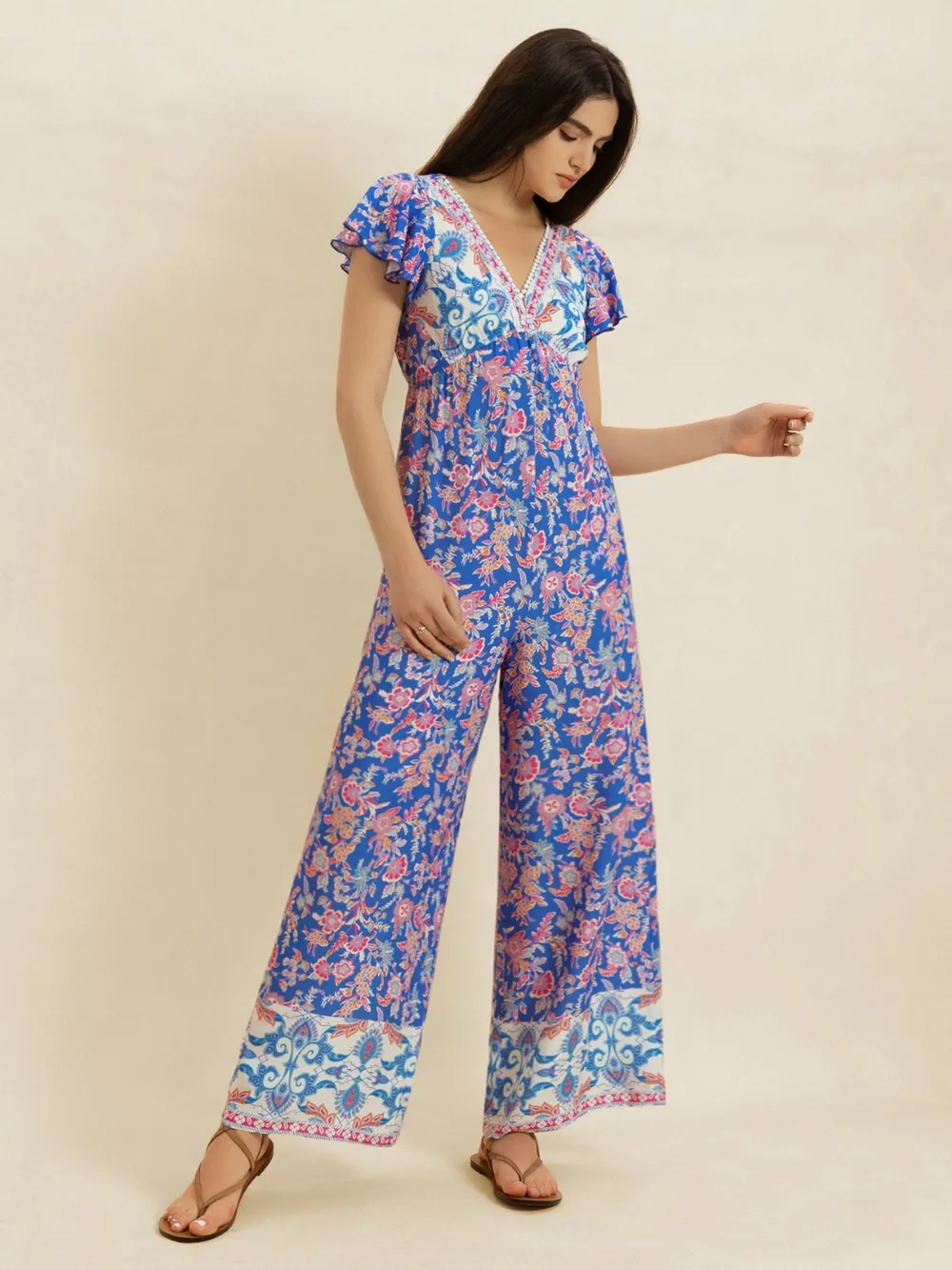 Printed V-Neck Wide Leg Jumpsuit, image 8