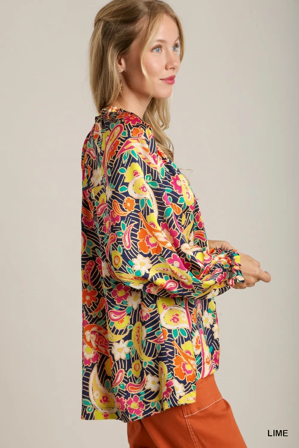 Full Size Satin Paisley Ruffle Neck Button-Up Shirt Plus Size, image 3