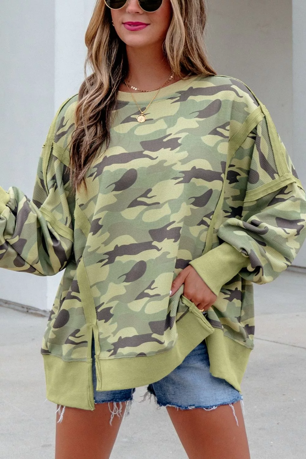 Camouflage Waffle Knit Raw Edge Contrast Trim Oversized Long Sleeve Top, image 7
