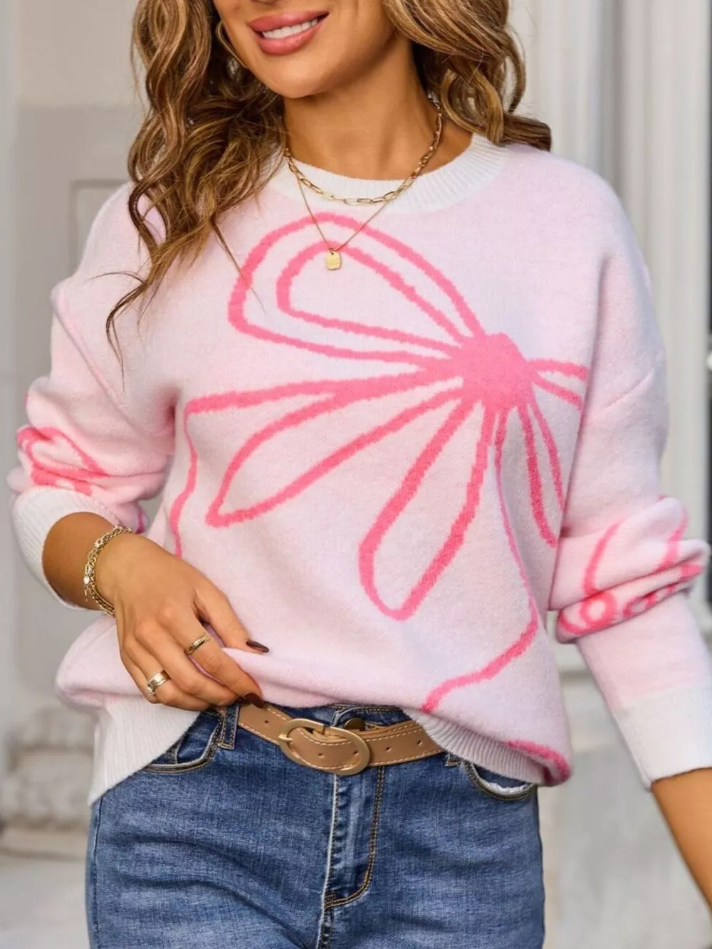 Floral Crew Neck Long Sleeve Sweater, image 5