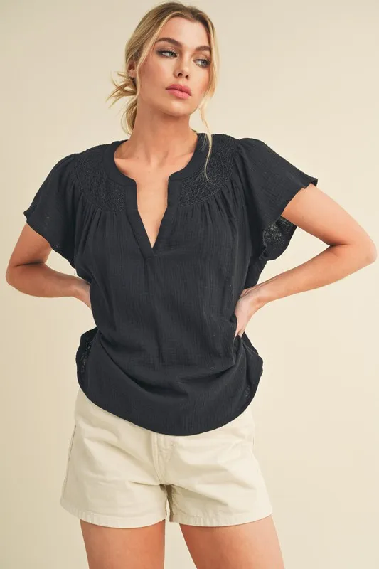 Embroidered Trim Side Slit Notched Short Sleeve Blouse