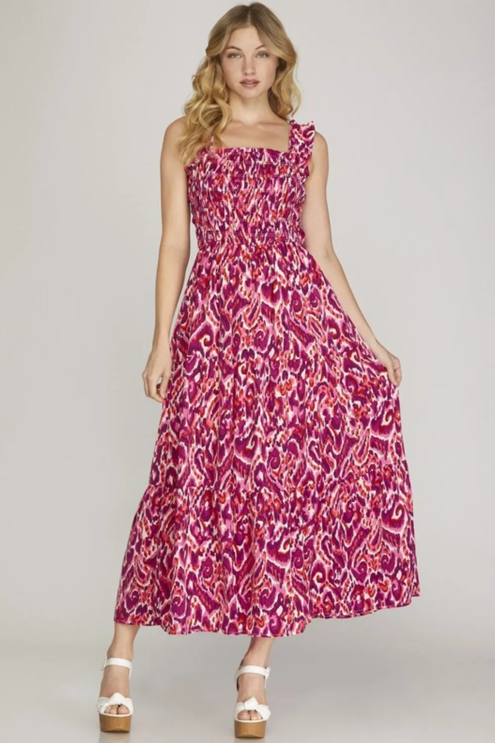 Full Size Smocked Printed Wide Strap Tiered Dress Plus Size, image 2