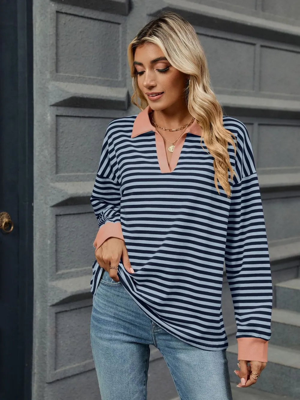 Striped Johnny Collar Long Sleeve Sweatshirt, image 25