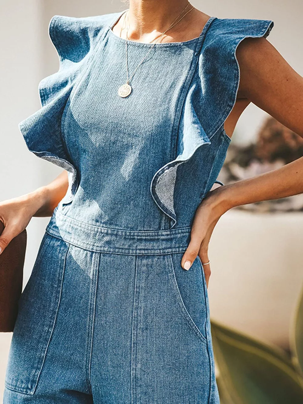 Ruffled Sleeveless Denim Jumpsuit, image 2