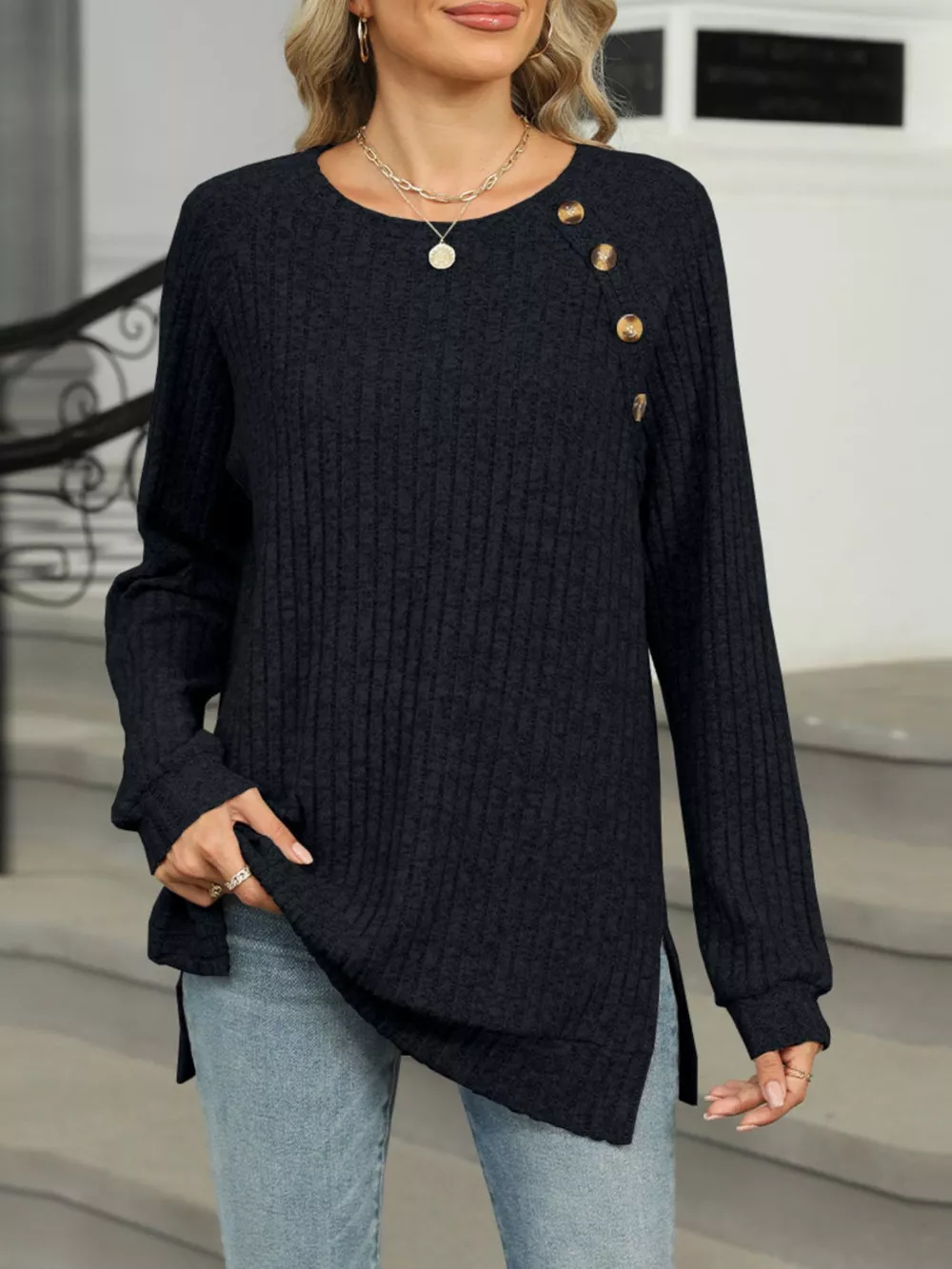 Round Neck Side Slit Ribbed Knit Top with Asymmetric Button Detail, image 19