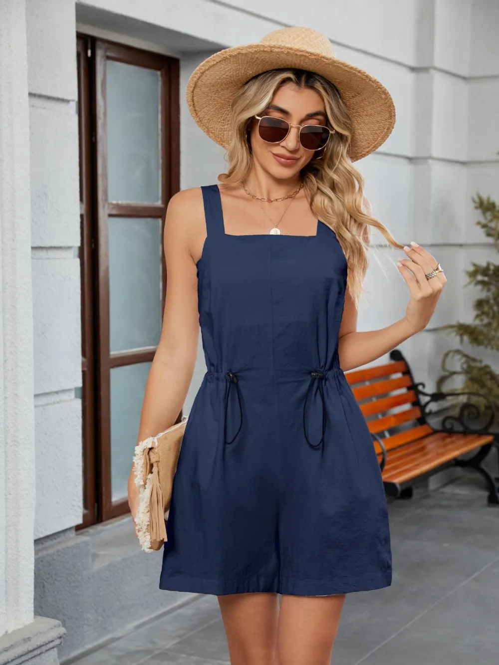 Drawstring Wide Strap Romper with Pockets, image 25