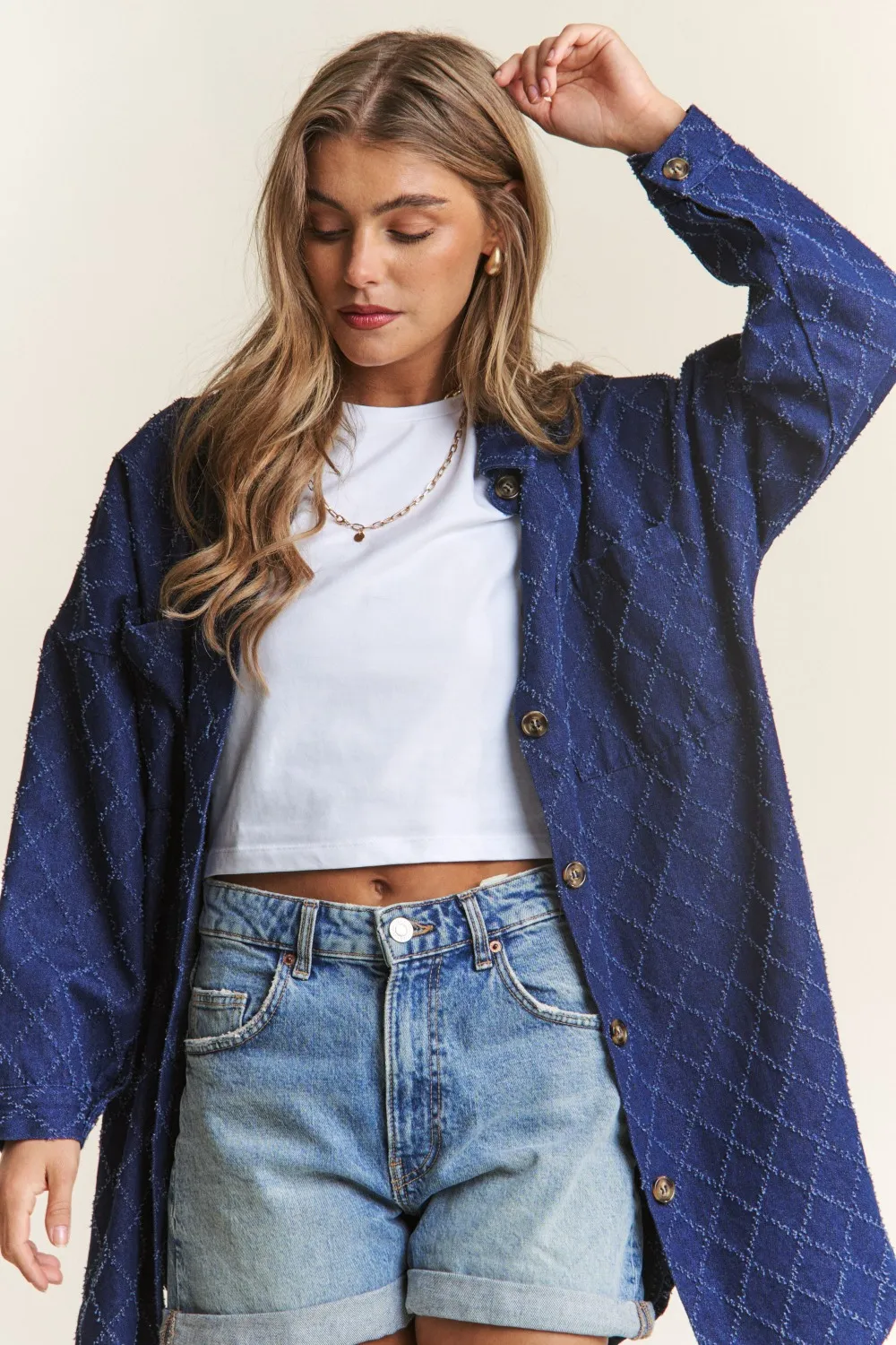 Rhombus Stitched Button Up Denim Shacket, image 4