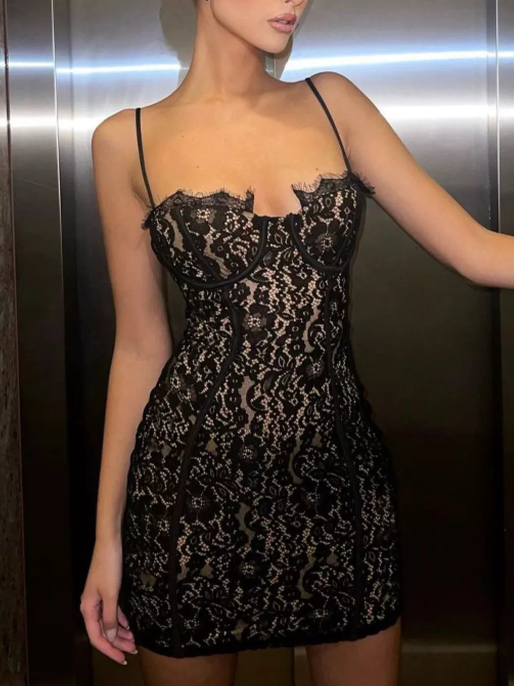 Lace Spaghetti Strap Mini Dress, image 3