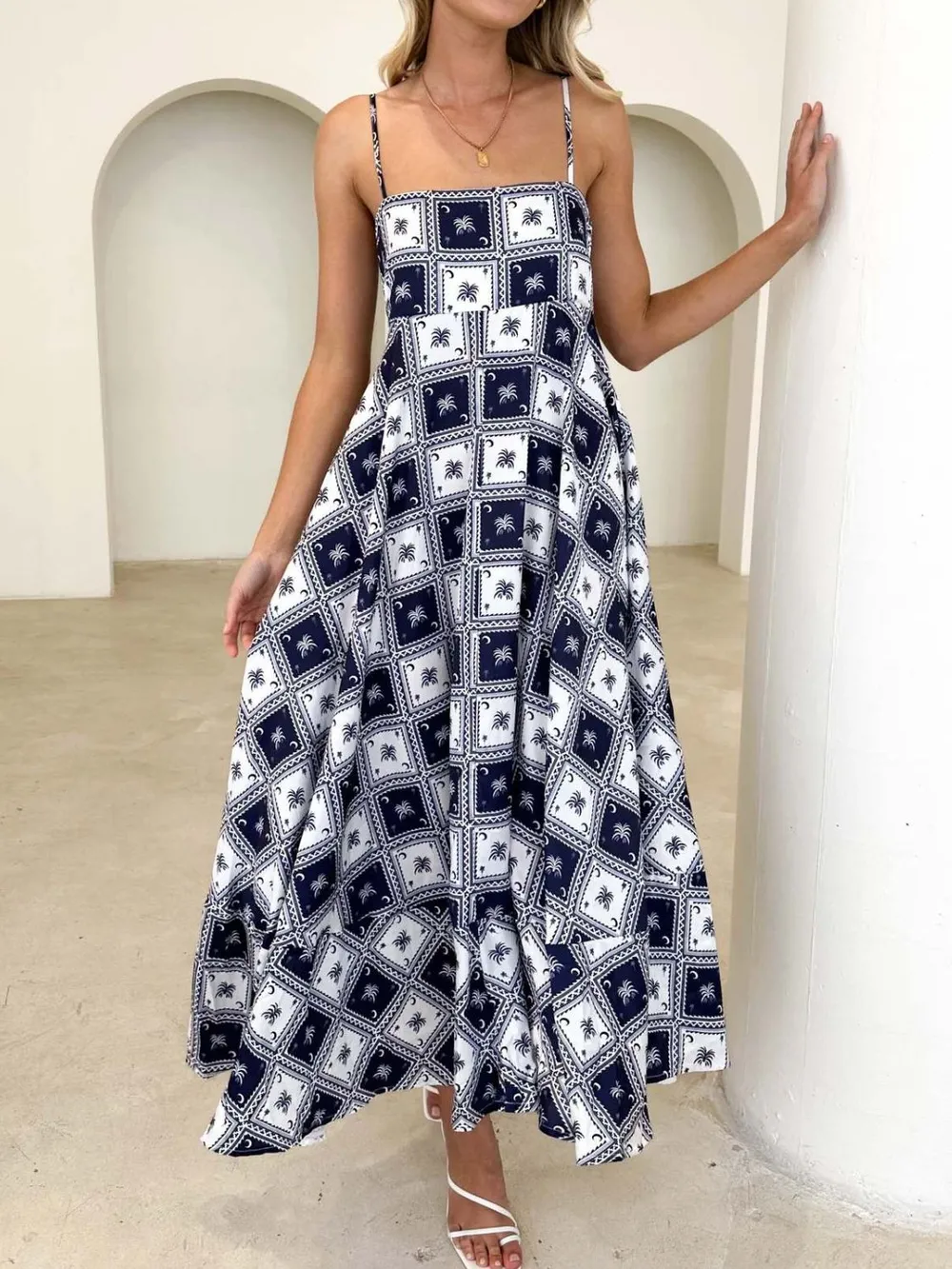 Printed Square Neck Midi Cami Dress, image 2