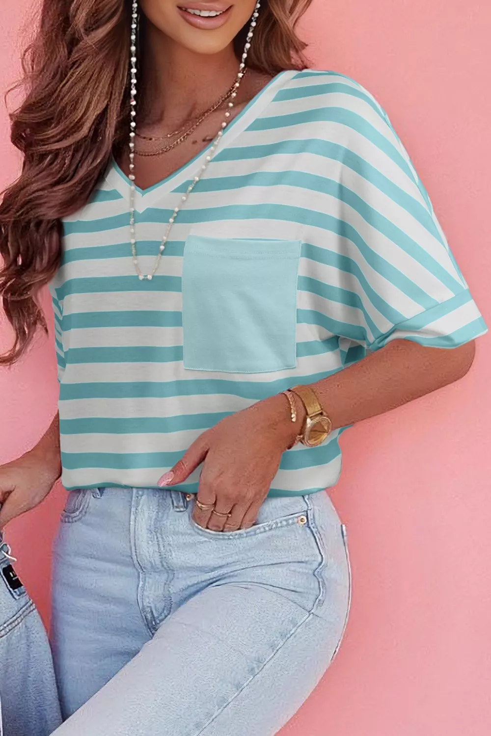 Stripe V Neck Patched Pocket Casual T Shirt, image 17