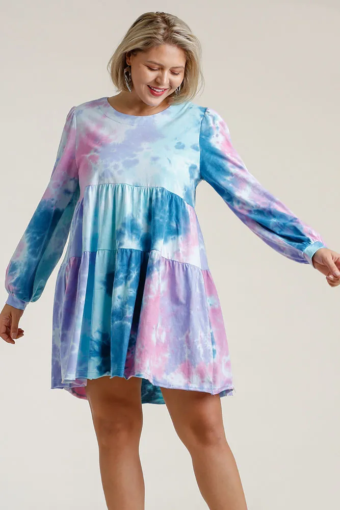 Full Size Tie Dye Round Neck Long Sleeve Babydoll Tiered Dress Plus Size, image 3