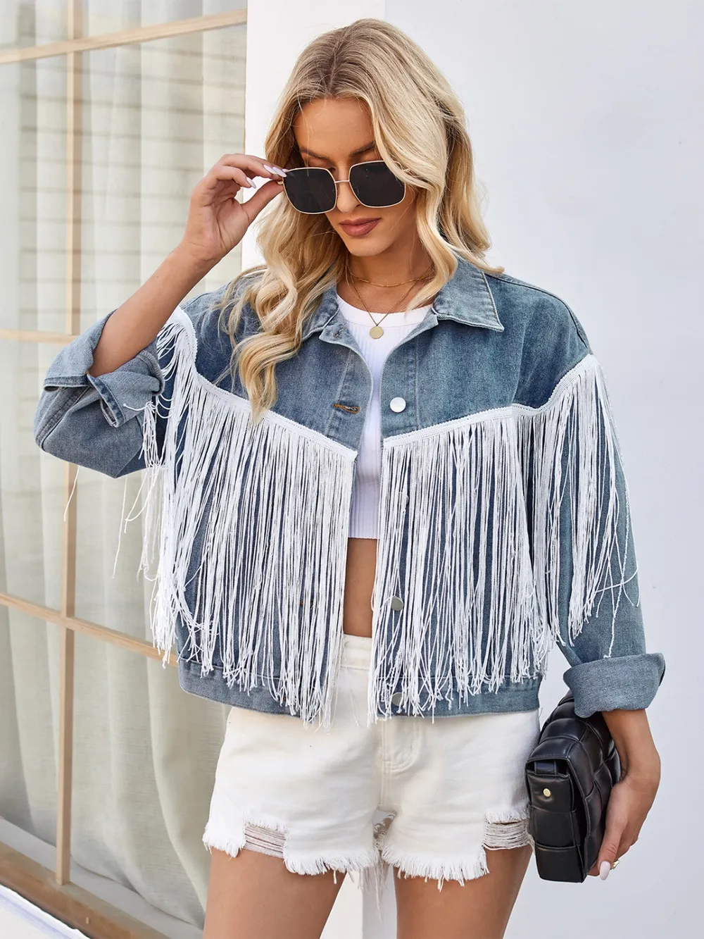 Tassel Button Up Dropped Shoulder Denim Jacket, image 10