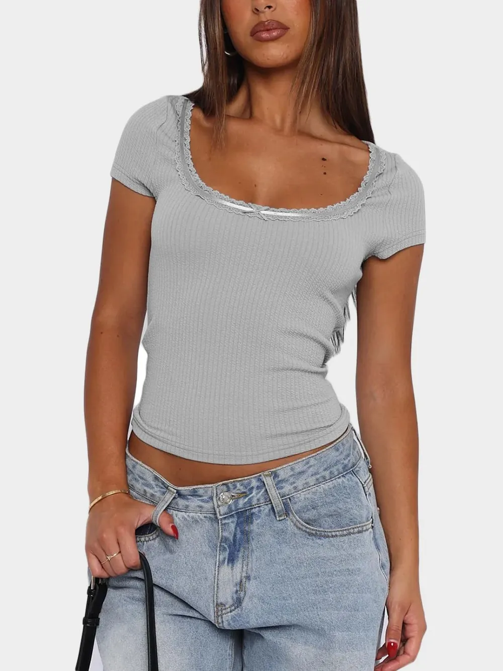 Lace Detail Scoop Neck Short Sleeve T-Shirt, image 4