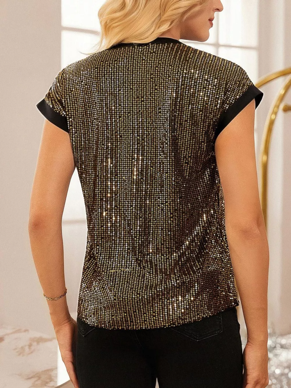 Sequin Notched Cap Sleeve Blouse, image 7