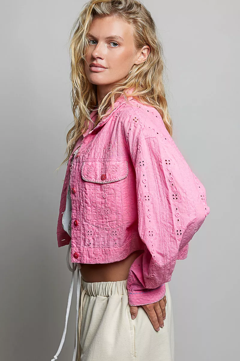 POL Eyelet Textured Cotton Cropped Button-Front Jacket, image 2