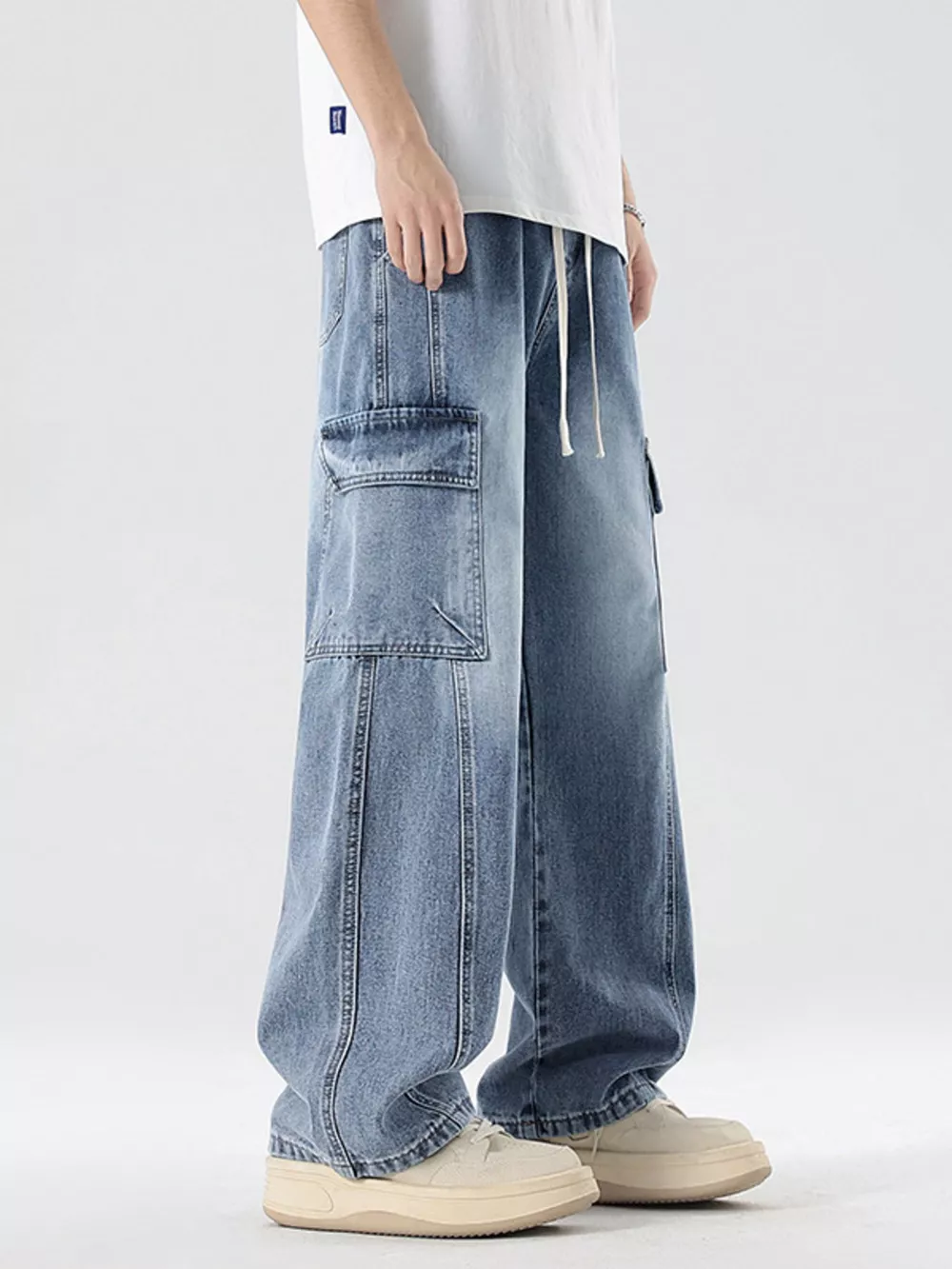 Men's Plus Size Wash Wide Leg Cargo Jeans, image 11
