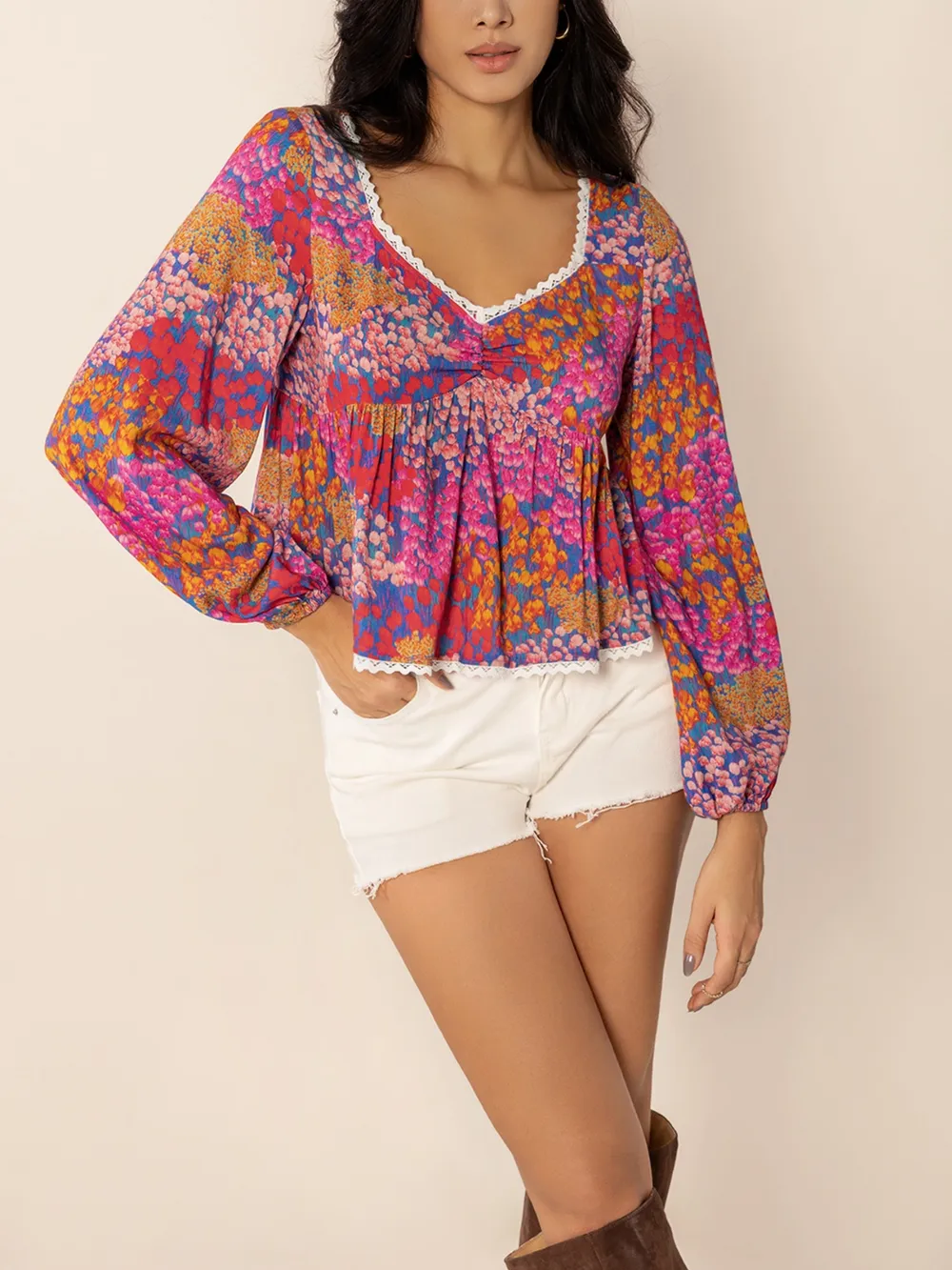 Lace Detail Printed Balloon Sleeve Top