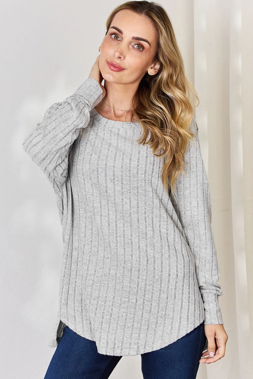 Full Size Ribbed Round Neck Slit T-Shirt, image 34